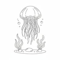 Coloriage méduse semi réaliste simple nageant au-dessus de galets ronds et algues, bulles discrètes