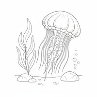 Coloriage méduse réaliste épurée dans un fond marin simple, grande algue, deux rochers et bulles