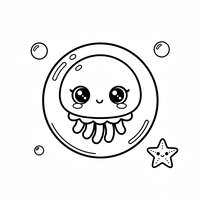 Coloriage bébé méduse kawaii dans une bulle comme un casque, yeux énormes, étoile de mer et bulles