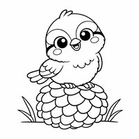 Coloriage mésange posée sur une grosse pomme de pin simplifiée, écailles en ovales larges