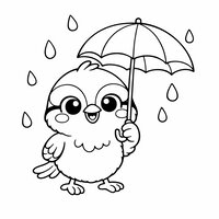 Coloriage mésange tenant un parapluie rond, gouttes de pluie en contours, dessin enfant facile