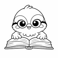 Coloriage mésange assise avec un livre ouvert, petites lunettes rondes, expression concentrée