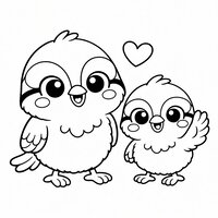 Coloriage deux mésanges côte à côte, le bébé lève une aile pour dire bonjour, petit cœur au-dessus