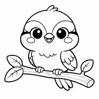 Coloriage petite mésange cartoon posée sur une branche avec deux feuilles, dessin enfant