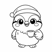 Coloriage mésange rigolote avec un petit bonnet et une mini tasse, expression fière et mignonne