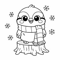 Coloriage mésange cartoon avec écharpe à bandes, posée sur une souche, flocons autour
