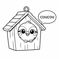 Coloriage nichoir maison simple, mésange qui sort la tête, bulle coucou, dessin facile à colorier