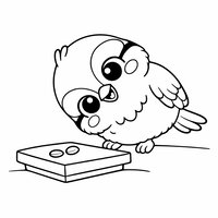 Coloriage mésange près d'une petite mangeoire plateforme, deux graines, tête penchée curieuse