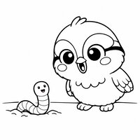 Coloriage mésange surprise avec un petit ver cartoon qui sourit, scène drôle et simple