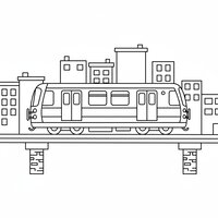 Coloriage métro cartoon en ville avec immeubles simples en arrière-plan, vue de profil, enfant | Toupty.com