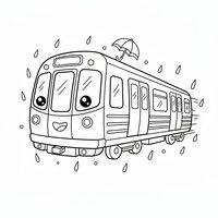 Coloriage métro kawaii sous la pluie avec parapluie sur le toit et gouttes simples, enfant | Toupty.com