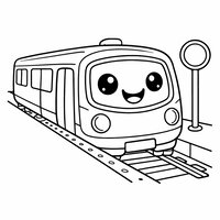 Coloriage métro cartoon arrêté en station avec quai simplifié et panneau, enfant | Toupty.com