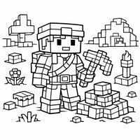 Coloriage style Minecraft : aventurier en blocs avec pioche et tas de blocs