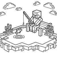 Coloriage style Minecraft : personnage en blocs qui pêche, lac en blocs, poisson cubique et roseaux