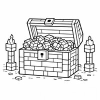 Coloriage style Minecraft : grand coffre au trésor en blocs ouvert, gemmes cubiques et deux torches