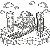 Coloriage style Minecraft : rails en blocs, wagonnet cubique, piliers en blocs et cristal cubique