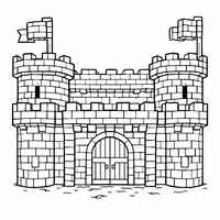 Coloriage style Minecraft : château forteresse en blocs avec tours, créneaux, porte et drapeau