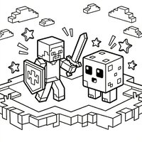 Coloriage style Minecraft : aventurier en blocs avec bouclier face à un monstre cubique non effrayant