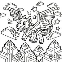 Coloriage style Minecraft : dragon cubique mignon en vol, nuages carrés et montagnes en blocs