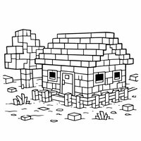 Coloriage style Minecraft : maison en blocs, clôture cubique et arbre en blocs
