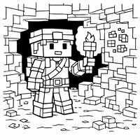 Coloriage style Minecraft : entrée de grotte en blocs, aventurier et torche cubique, minerais
