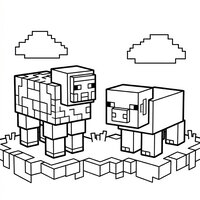 Coloriage style Minecraft : mouton cubique et cochon cubique, herbe en blocs et nuages carrés