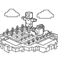Coloriage style Minecraft : scène ferme en blocs, rangées de champ, canaux cubiques et épouvantail