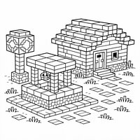 Coloriage style Minecraft : village en blocs avec petite maison, puits cubique et lampadaire