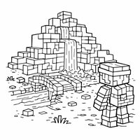 Coloriage style Minecraft : montagne en blocs avec cascade cubique, pont en blocs et aventurier