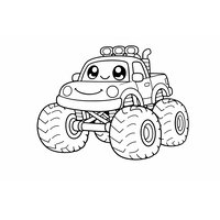 Coloriage mini monster truck mignon avec roues ultra géantes vue 3/4 à imprimer | Toupty.com