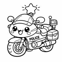 Dessin à colorier moto de police kawaii rigolote, gyrophare étoile, enfant | Toupty.com