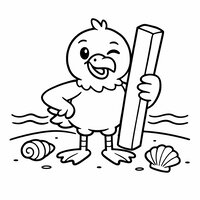 Coloriage mouette cartoon sur le sable avec une frite géante, coquillages et petite vague
