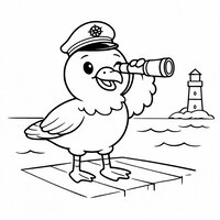 Coloriage mouette cartoon capitaine avec chapeau marin, longue-vue, quai et phare