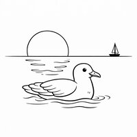Coloriage mouette réaliste simplifiée au coucher de soleil sur l’eau avec voilier au loin