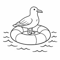 Coloriage mouette semi réaliste simple posée sur une bouée ronde avec des vaguelettes