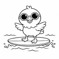 Coloriage mouette kawaii sur une planche de surf avec lunettes et vaguelettes