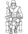 coloriage Un roi guerrier, assis sur un trne avec une armure et une masse