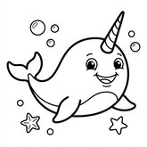 Coloriage narval très simple à imprimer : narval mignon souriant, traits épais, coloriage facile enfant (Toupty.com)