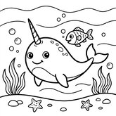 Coloriage narval avec poisson à imprimer : narval et petit poisson, scène simple à colorier pour enfant (Toupty.com)