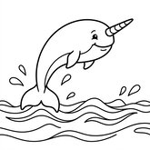 Coloriage narval qui saute à imprimer : narval hors de l’eau avec gouttes simples, dessin facile enfant (Toupty.com)