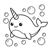 Coloriage narval avec bulles à imprimer : narval souriant et bulles, coloriage facile pour enfant (Toupty.com)