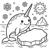 Coloriage narval et banquise à imprimer : narval près d’un bloc de glace simple, dessin facile enfant (Toupty.com)