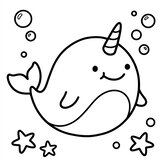 Coloriage narval style dessin d’enfant : narval très rond et simple, traits épais, coloriage facile à imprimer (Toupty.com)