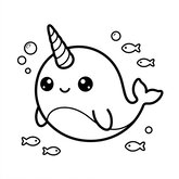 Coloriage narval kawaii à imprimer : grands yeux et sourire, style chibi, dessin facile enfant (Toupty.com)