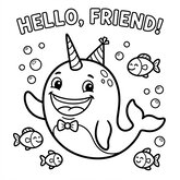 Coloriage narval cartoon rigolo : narval qui fait coucou, nageoire levée, coloriage enfant à imprimer (Toupty.com)