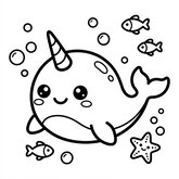 Coloriage bébé narval à imprimer : petit narval mignon, corne courte, dessin facile enfant (Toupty.com)