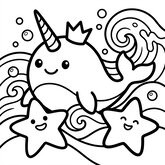 Coloriage narval licorne des mers : narval souriant avec étoile de mer, coloriage enfant à imprimer (Toupty.com)