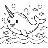 Coloriage narval dans les vagues à imprimer : narval qui nage avec vagues simples, dessin enfant (Toupty.com)