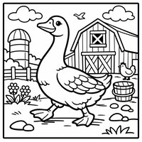 Coloriage oie majestueuse marchant dans la cour de la ferme avec une grange en arrière-plan