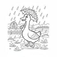 Coloriage oie sous la pluie portant un petit parapluie rigolo dans son bec avec des flaques au sol